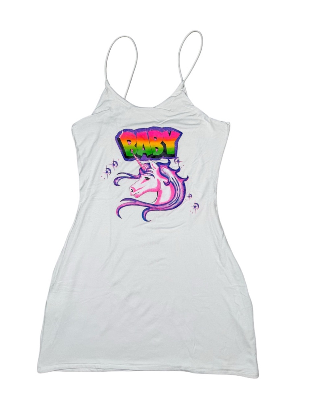 Omighty White Spaghetti-Strap Dress with Neon Rainbow 'BABY' Unicorn Graphic